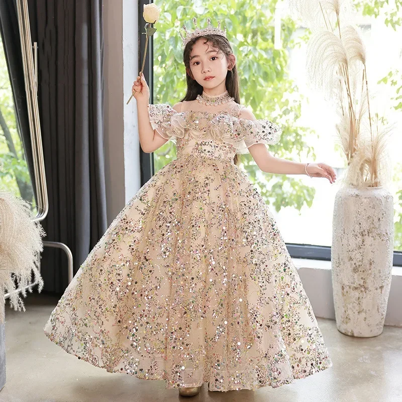 2024 Flower Girls Wedding Evening Princess Dresses Children Piano Prom Fluffy Gauze Sequins Gown Festival Clothes Kids Vestidos