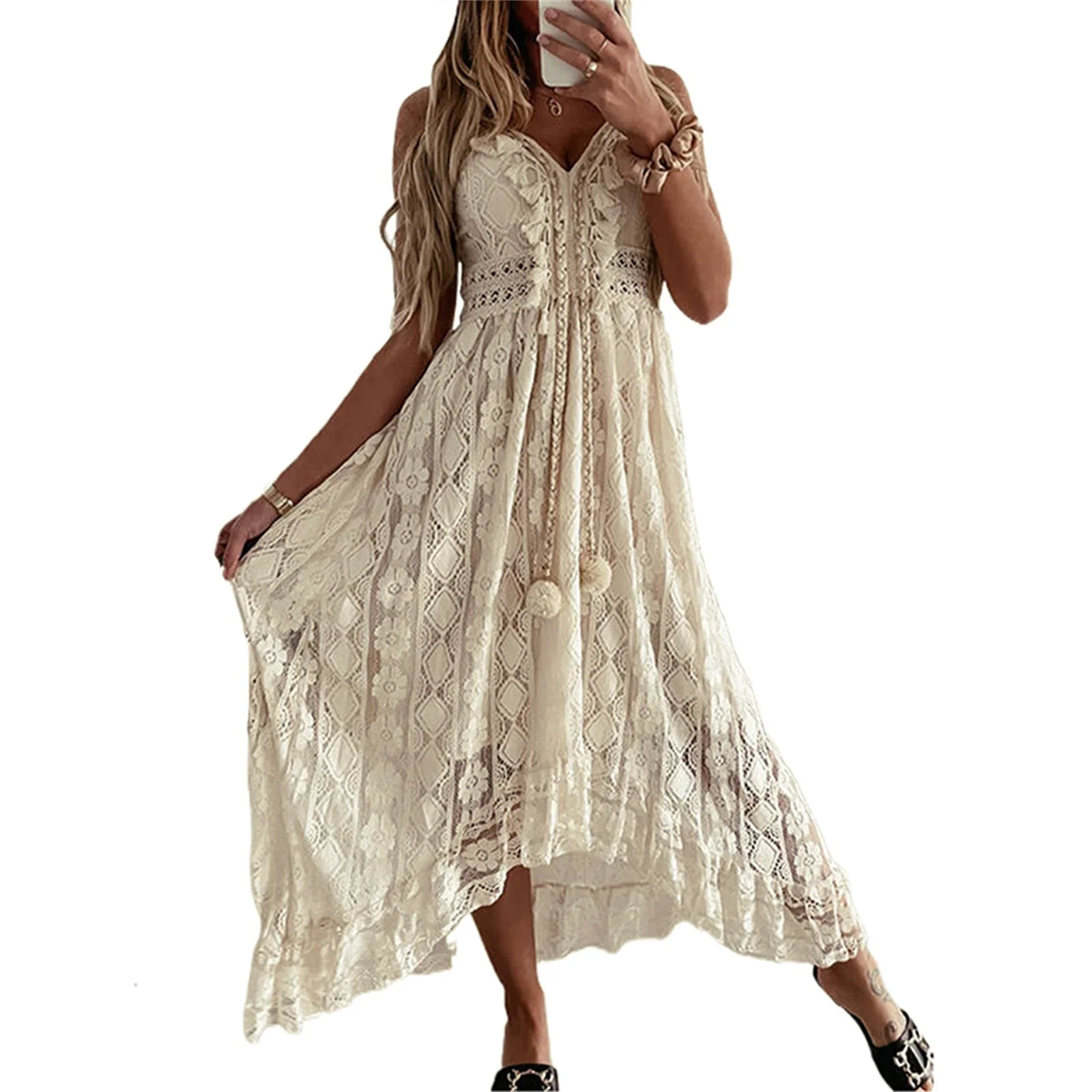 New Fairycore Beach Style Prairie Chic Fashion Women Lace Hem Dress, Deep V-neck Sleeveless Beachwear