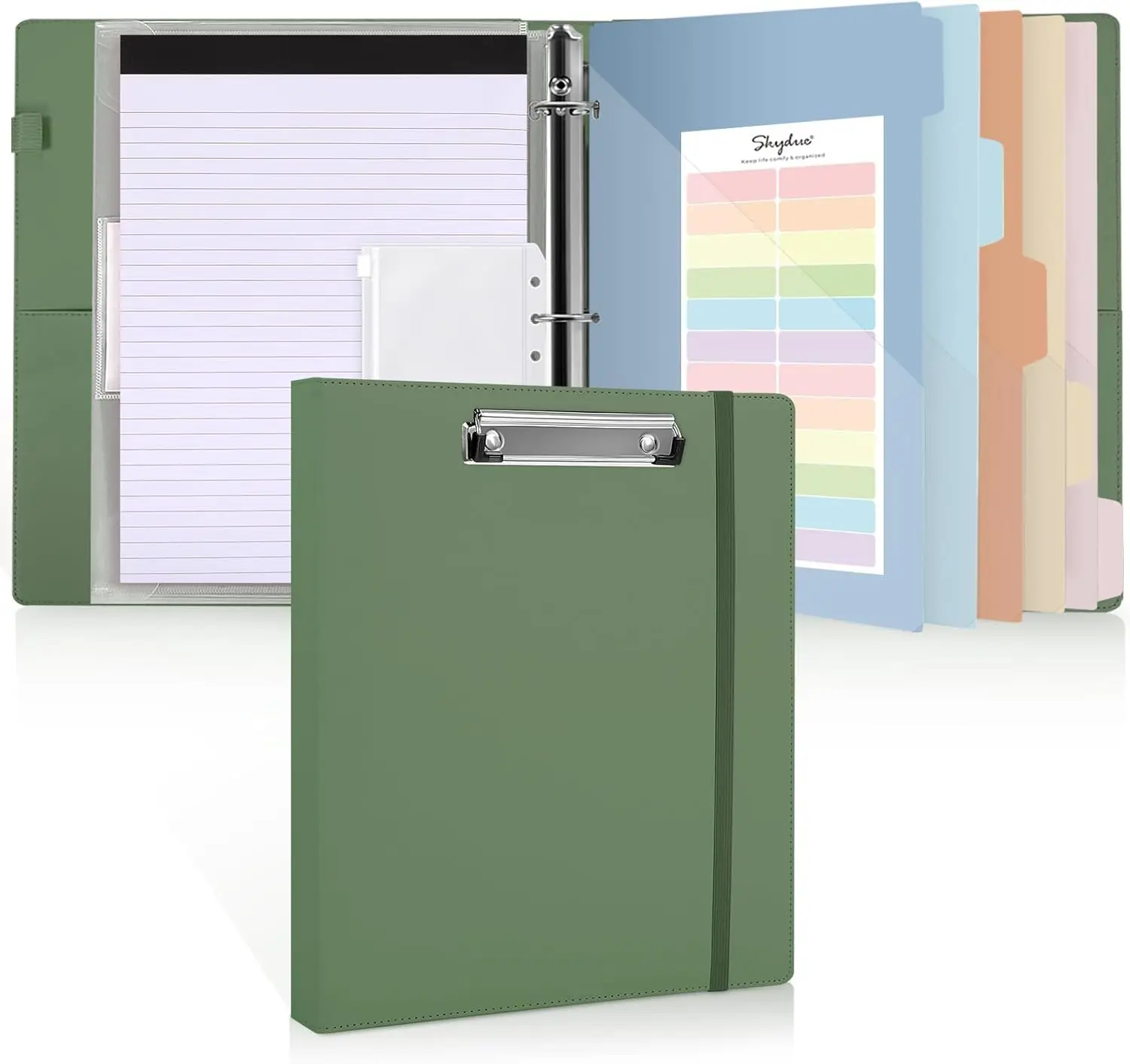 

Clipboard Binder with Refillable Notepad, PU Leather 3 Ring Binder 1 Inch with Dividers & Pockets, Letter Size, Olive Green for