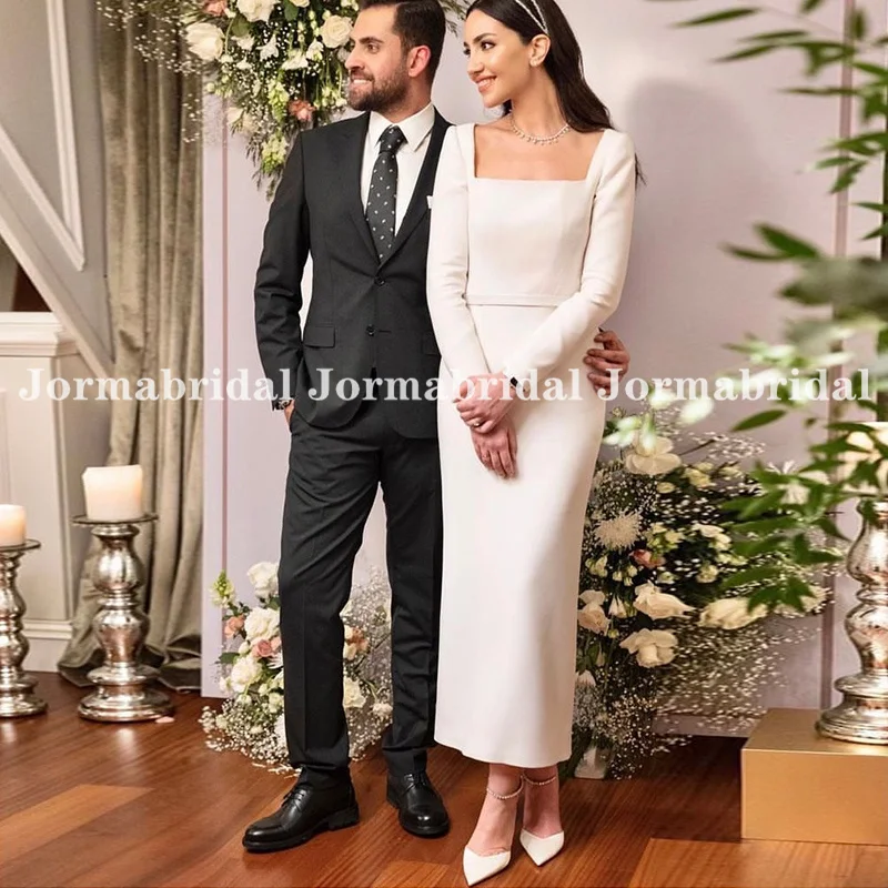 Customized Modest Square Neck Wedding Dress with Long Sleeves Ankle Length Mermaid Bridal Gown Medium Length Bride Wedding Gowns