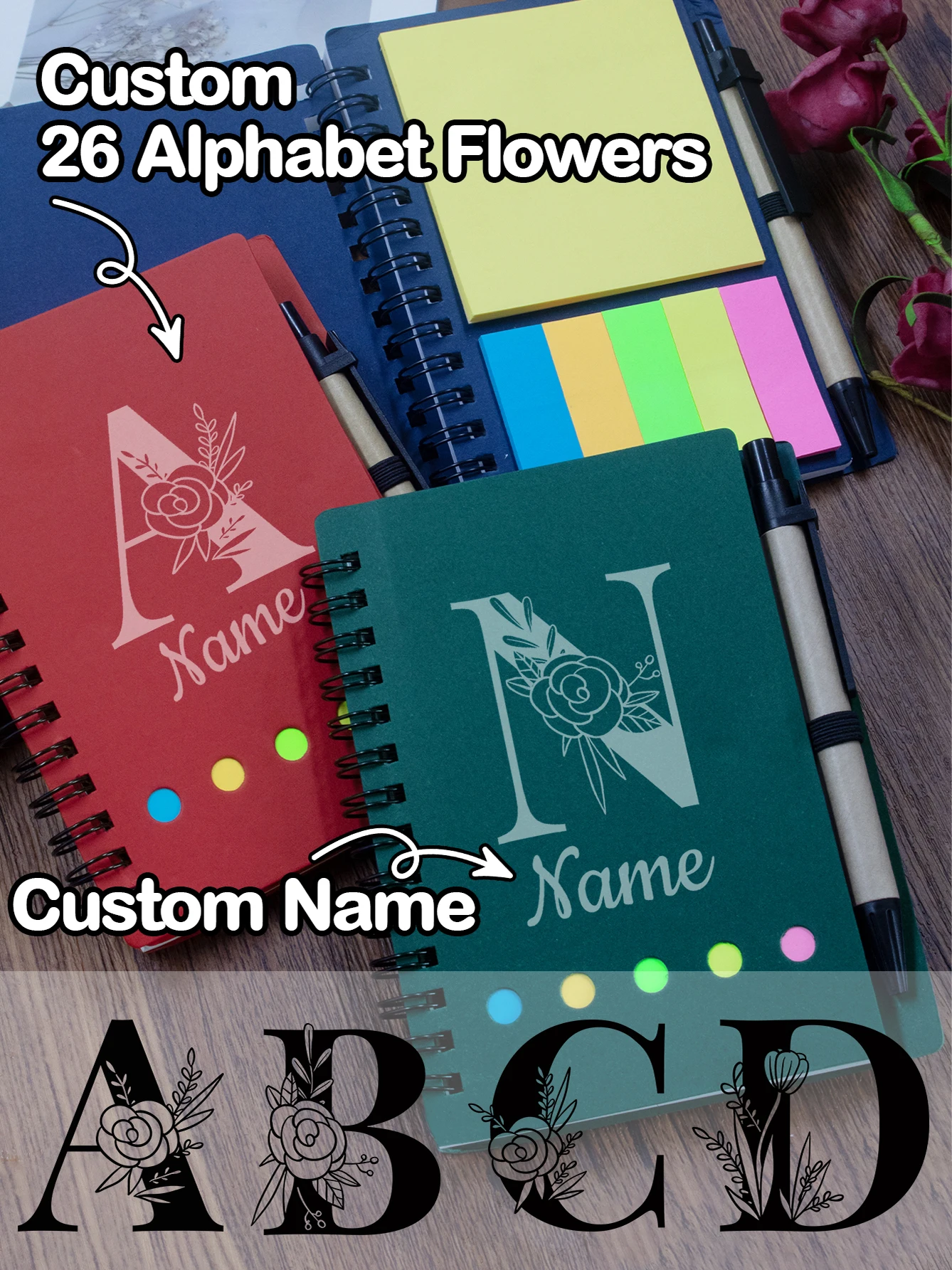 Caderno de bolso personalizado com nome, mini caderno personalizado com caneta, conjunto de bloco de notas de flores do alfabeto personalizável
