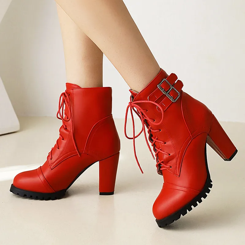 Lace-up Women\'s Ankle Boots Short Shoes Fashion Ankle Boot Buckle Pink Heels Yellow Black Rose Autumn Winter Large Size 48 45