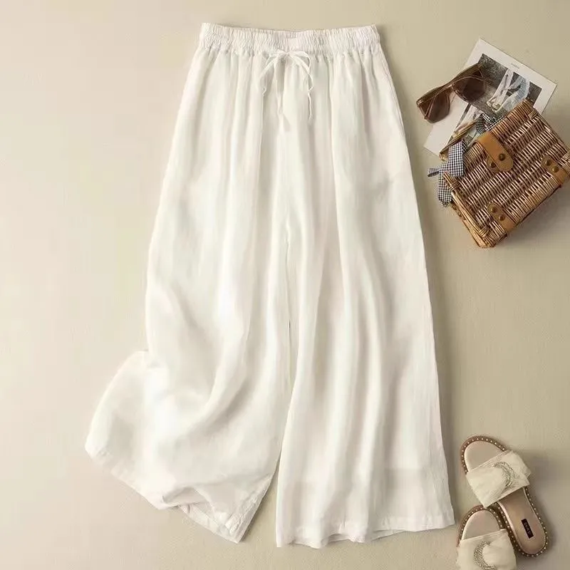 

Vintage Cotton Linen Wide Leg Pants For Women Summer High Waist Breathable Thin Casual Cropped Pants Fashion Simple WhiteTrouser