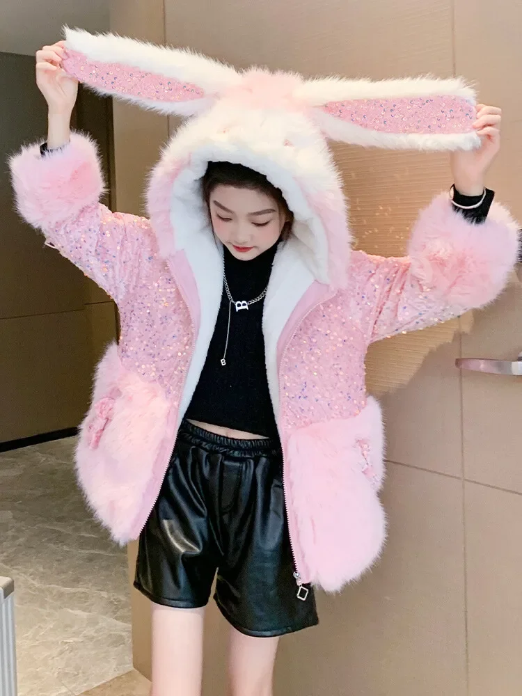 Children's Fur Coat Girls Winter Cartoon Sweet Sequins Hooded Coat Jacket Teenager Girl Princess Thick Cotton Outerwear 3-12Year