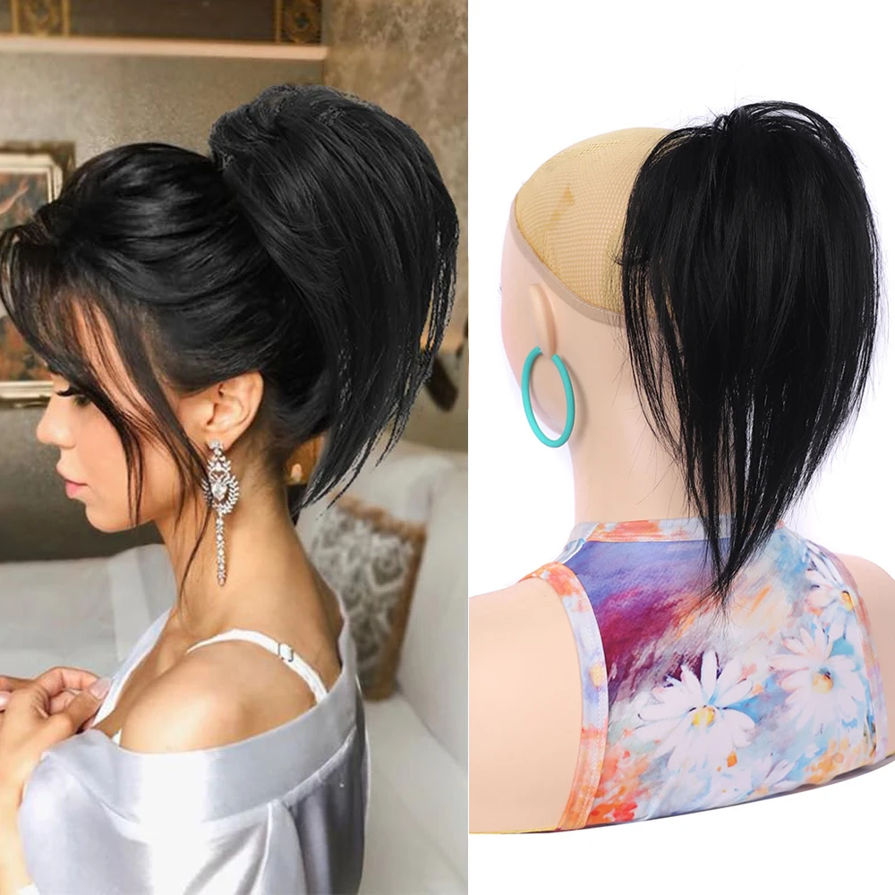 Extensiones de cabello de cola de caballo alta corta con Clip de garra para niñas, postizo de pelo sintético liso para mujeres, negro, marrón, ceniza