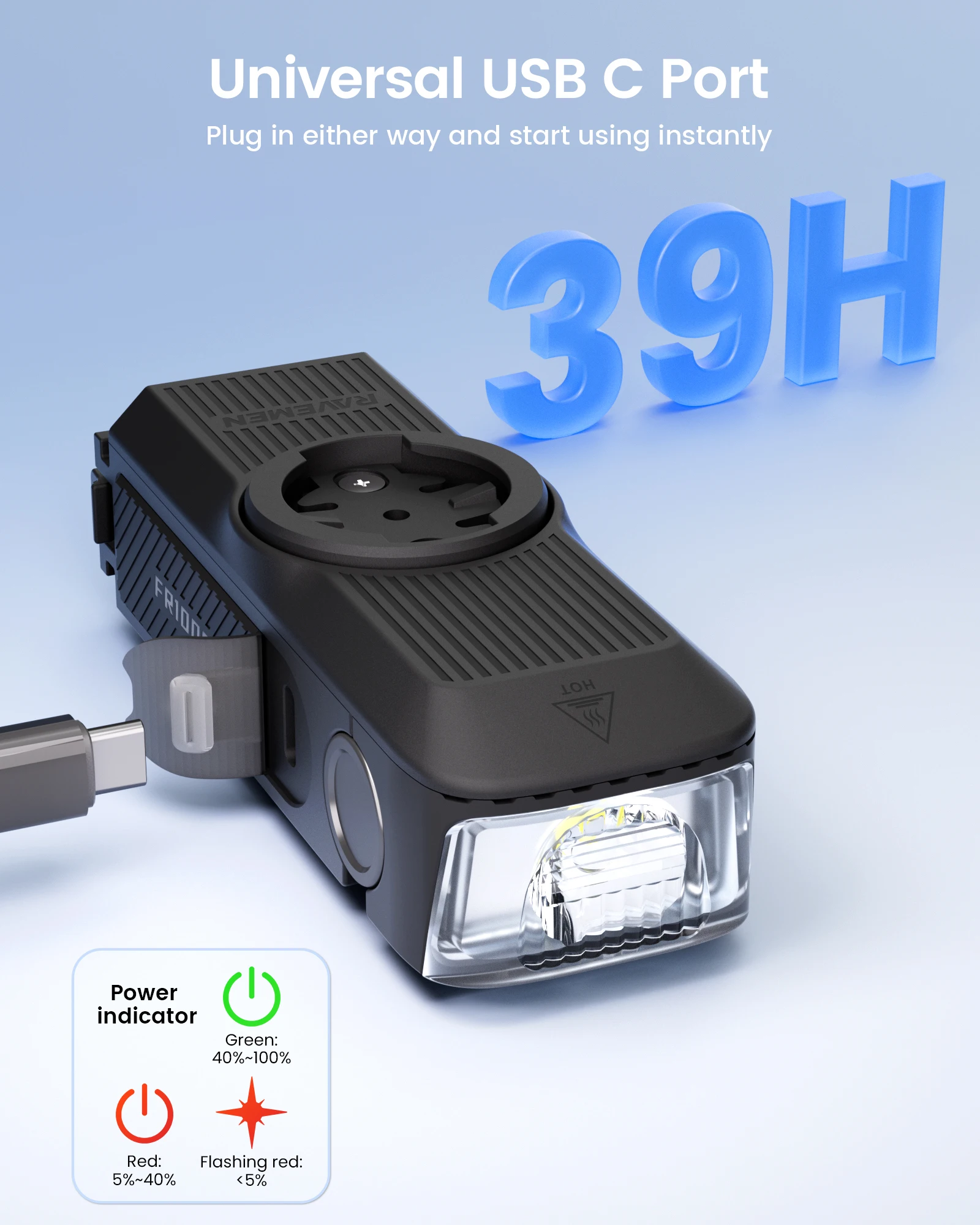 مصباح أمامي للدراجة RAVEMEN FR1000 لـ Garmin Wahoo Bryton IGPSPORT GPS قابل لإعادة الشحن للدراجة مصباح أمامي وتصميم قوس + AGM03