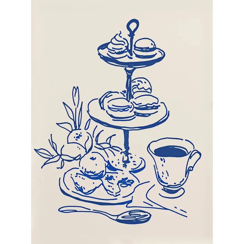 (No frame)Coquette Kitchen Line Art Posters Minimalist Pop Cutlery High Tea Croissant Prints Canvas Painting Wall Pictures Ho