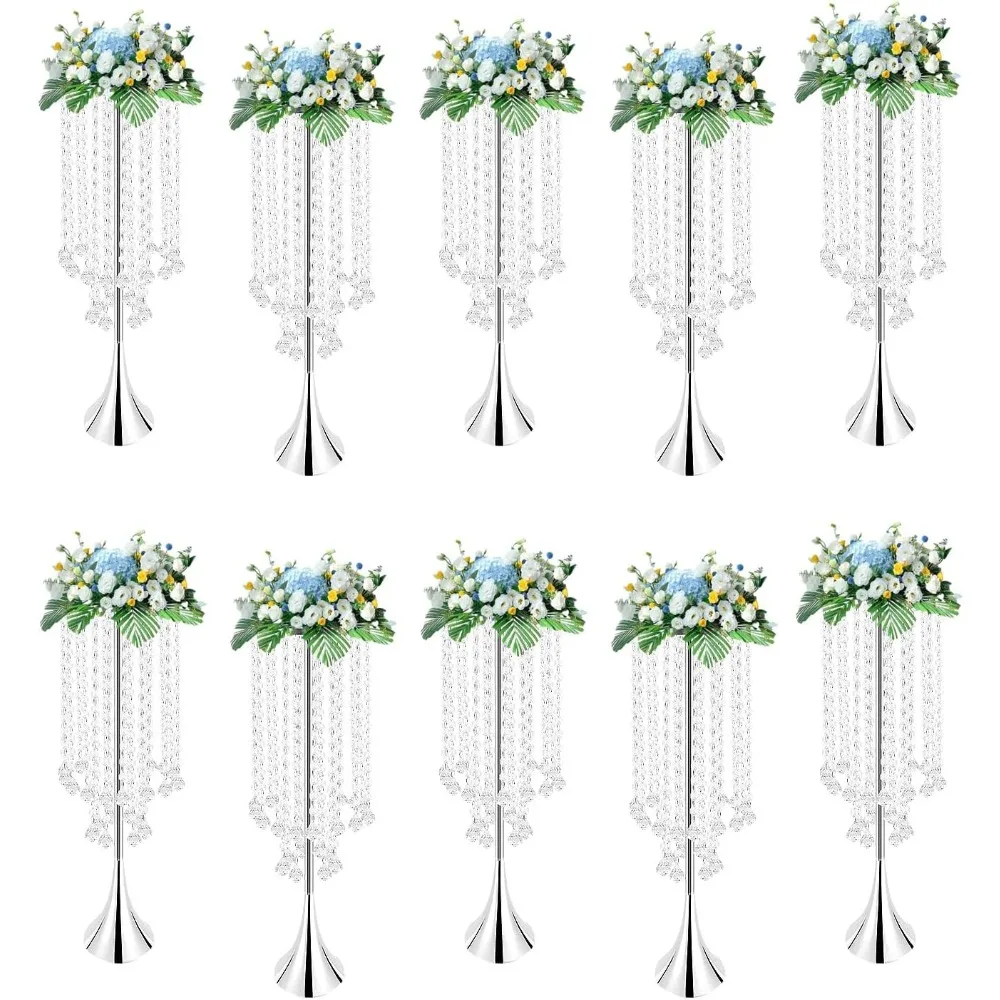 10 Pack Crystal Flower Stand, 21.9 Inch Tall Silver Metal Vase Pedestal for Wedding Centerpieces Decorative Display