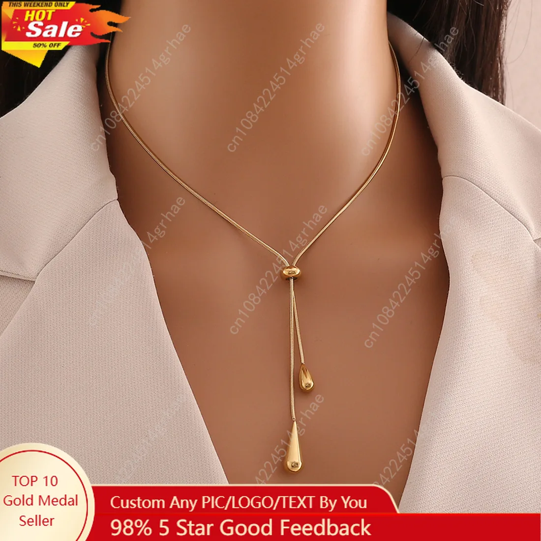 

Europe and America Fashion Gold Color Stainless Steel Water Drop Tassel Pendant Necklace for Women Clavicle Chain Paty Jewelry