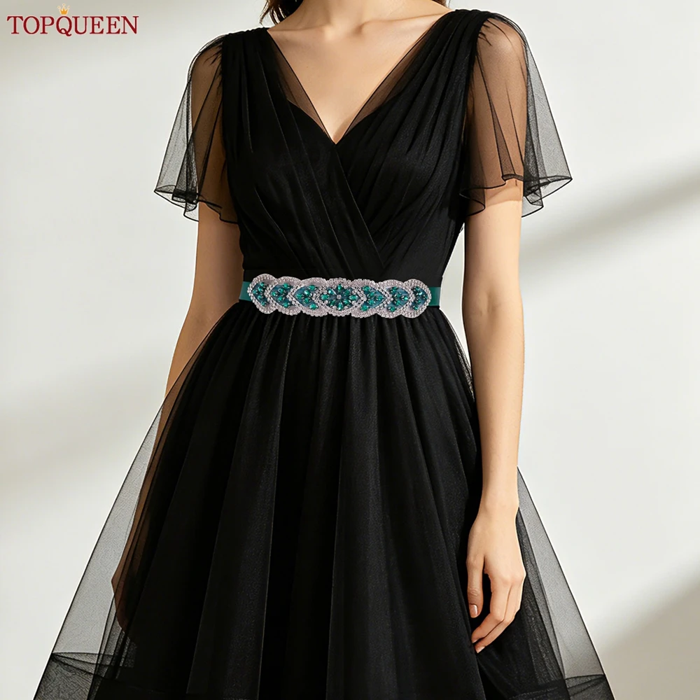TOPQUEEN Wedding Green Rhinestone Belt, Evening Dress Accessory, Suitable for  Cocktail Party, Women's Waist Decorative Sash