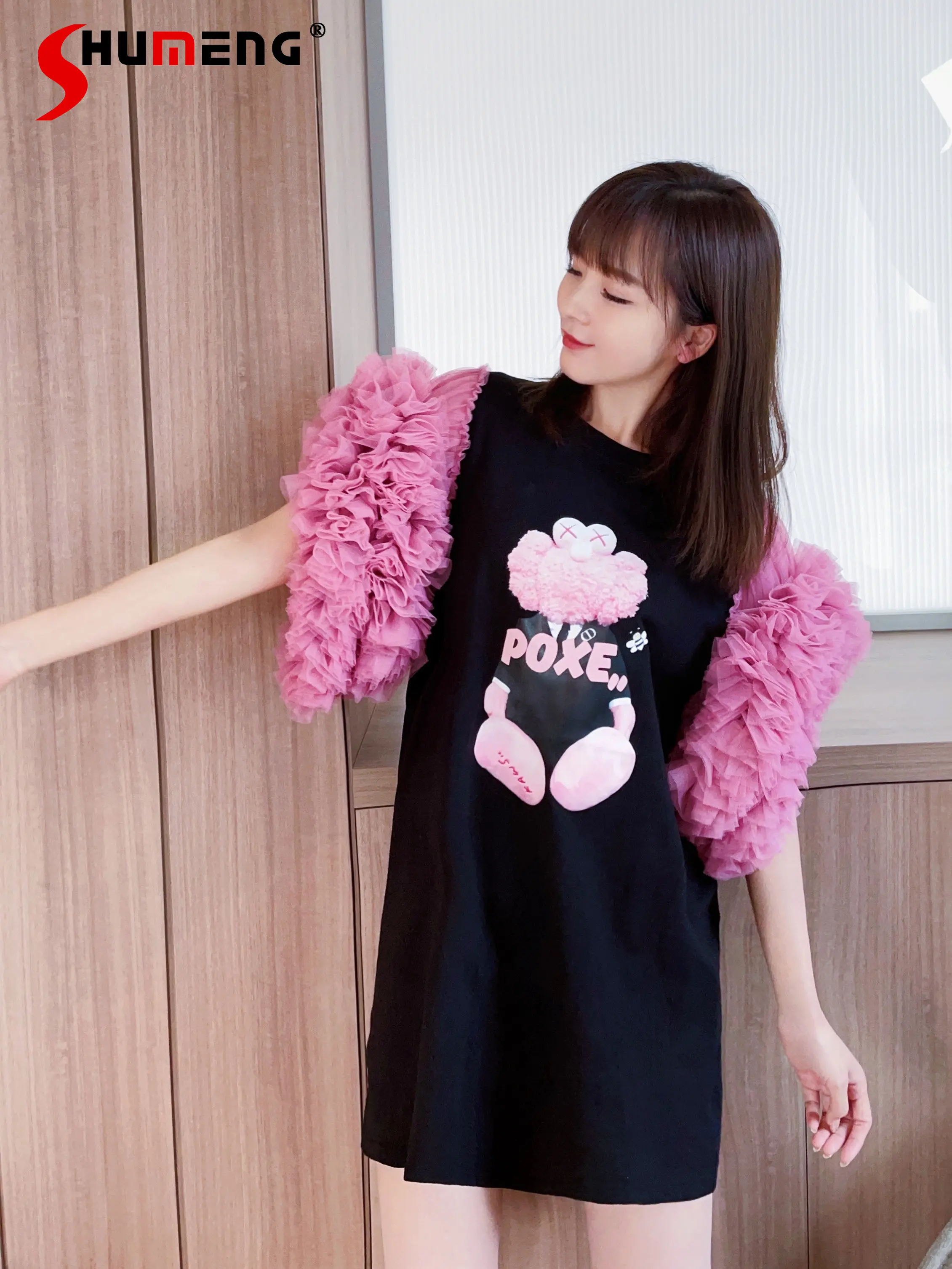 

Thai Fashion Brand Printed Cute Cartoon Mid-Length T-shirt Women Heavy Industry Puff Sleeve Mesh Stitching Loose T Shirt Dress