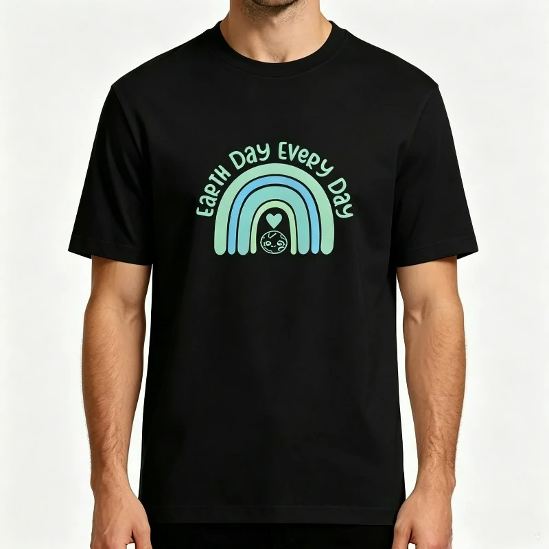 Men's 'Earth Day Every Day' T-shirt, Rainbow Earth Graphic Top in Black and White
