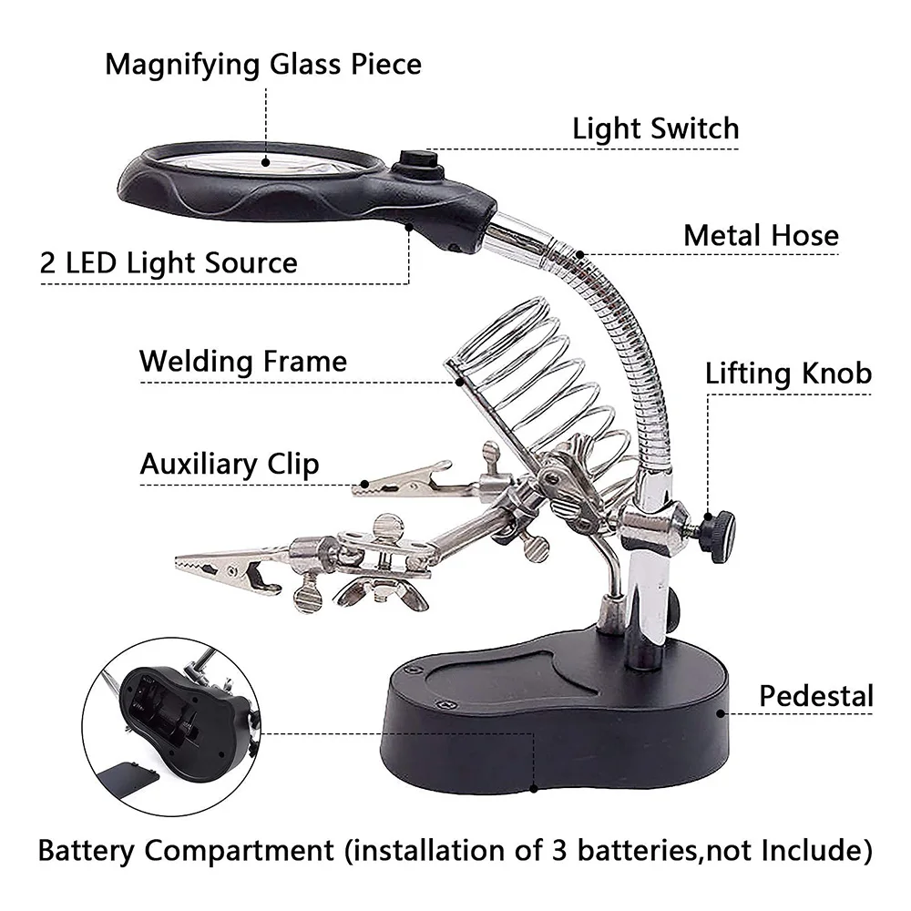 Welding Magnifying Glass with LED Light 3.5X 12X Lens Auxiliary Clip Loupe Desktop Magnifier Third Hand Soldering Repair Tool