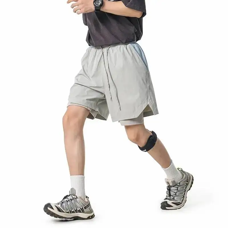 Outdoor Casual Running Sports Men's Shorts Summer Thin Colorblock Loose Wide Leg Fake Two Pieces Knee Length Pants YNHD