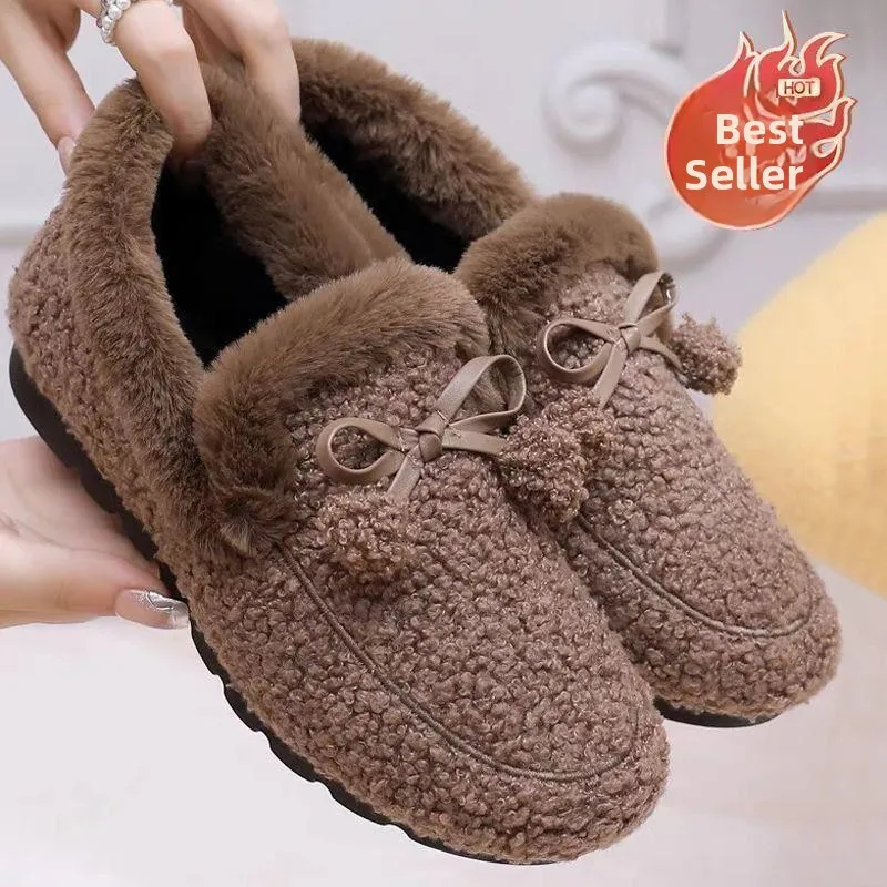 Women's Cotton Shoes with Fleece  Bean Bean Casual Slip-On Anti-Slip Warmth Winter Spring Seasonal Leather Upgraded Ver...