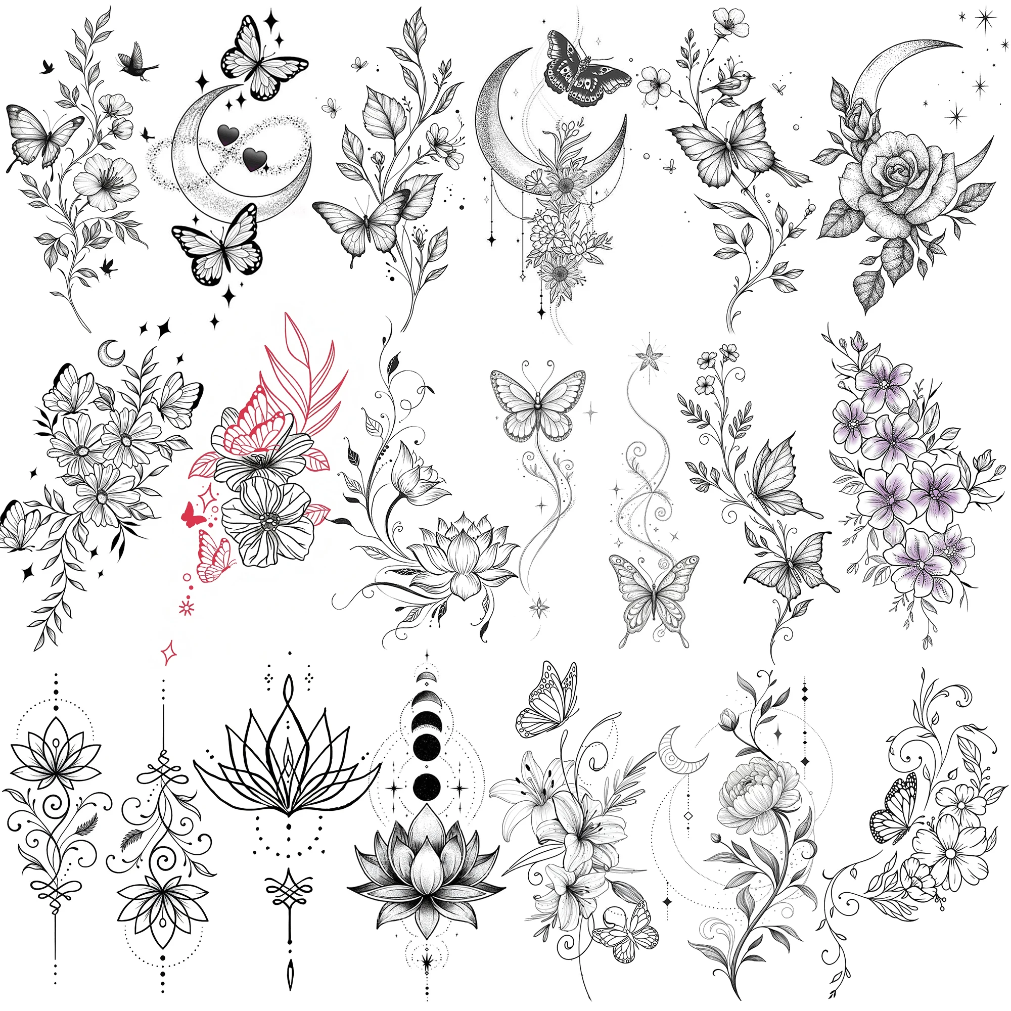 1 Sheet Butterfly Louts Crescent Temporary Tattoos For Women Hands Finger Neck, Fake Tattoo Sticker Long Lasting Realistic Tatoo
