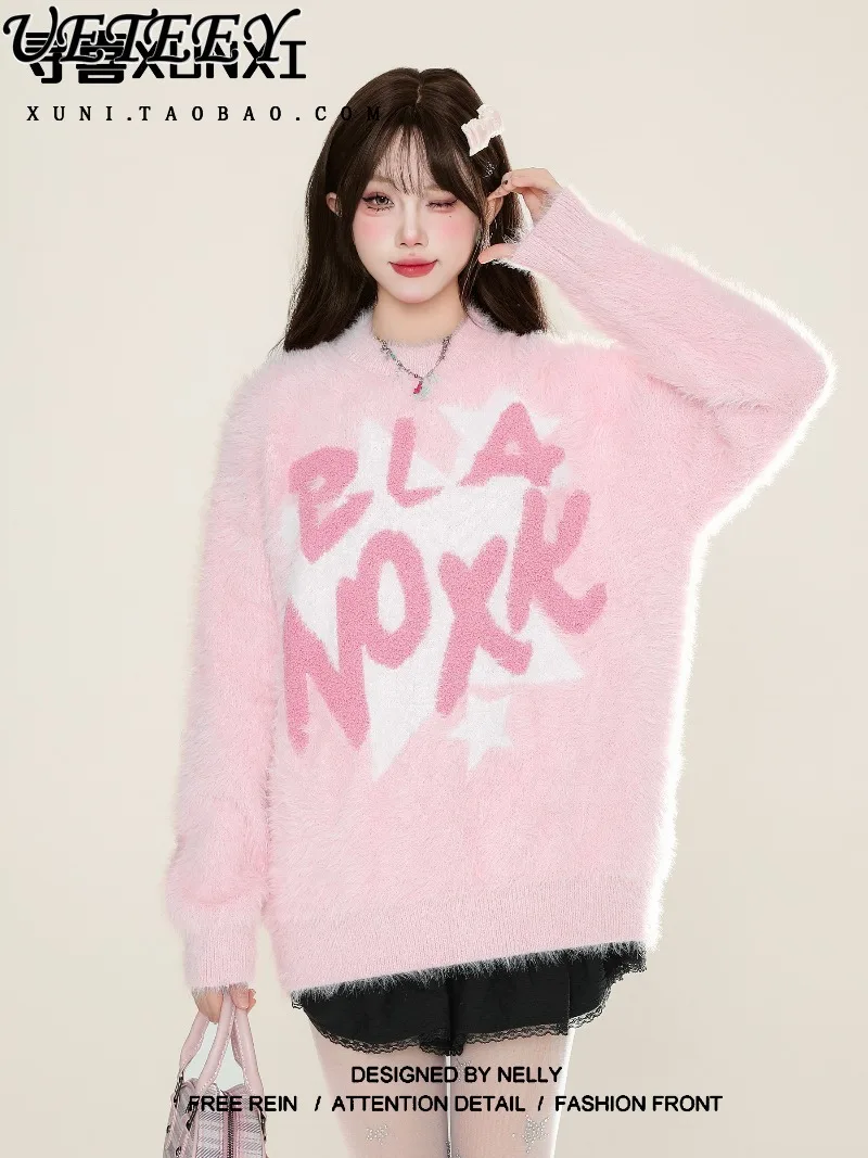 เสื้อสเวตเตอร์ถักอเนกประสงค์ที่นุ่มและสบายสำหรับผู้หญิงฤดูใบไม้ร่วงและฤดูหนาวใหม่ผ้ากำมะหยี่มิงค์หวานคอกลมแขนยาวเสื้อสวมหัว