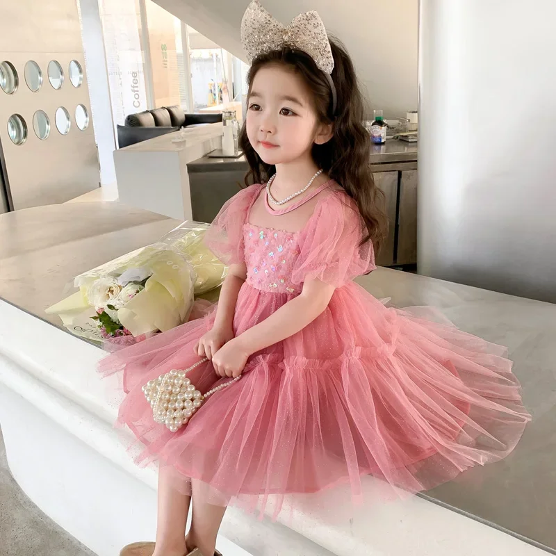 Baby Girls Summer Dress Mesh Lace Sequins Elegant Princess Dress Kids Clothes 2-8 Years Children Party Dresses Infant Clothing