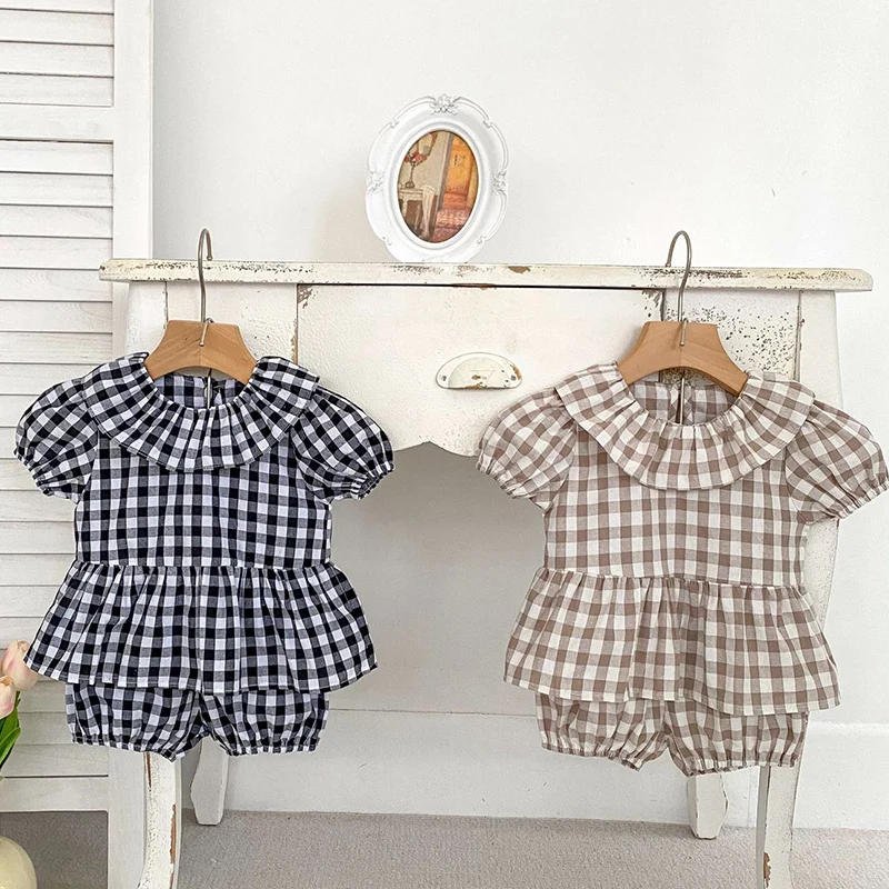 2024 New Summer Infant Baby Girls Clothing Set Short Sleeved Cotton Lattice Shirt+Shorts Toddler Baby Girl Clothes Suit