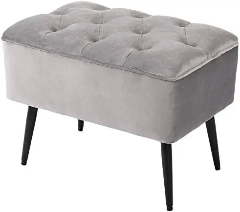 Taburete de pie de terciopelo gris rectangular copetudo, patas de acero modernas de mediados de siglo, taburete acolchado compacto y suave, sala de estar, u2013