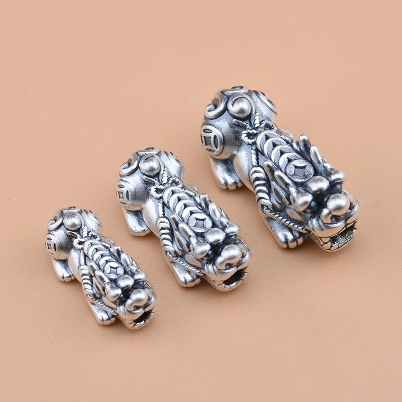 999 Full Silver 3D hard silver transfer beads accessories, caifu ancient Pi Xiu beads, handmade DIY materials woven accessories