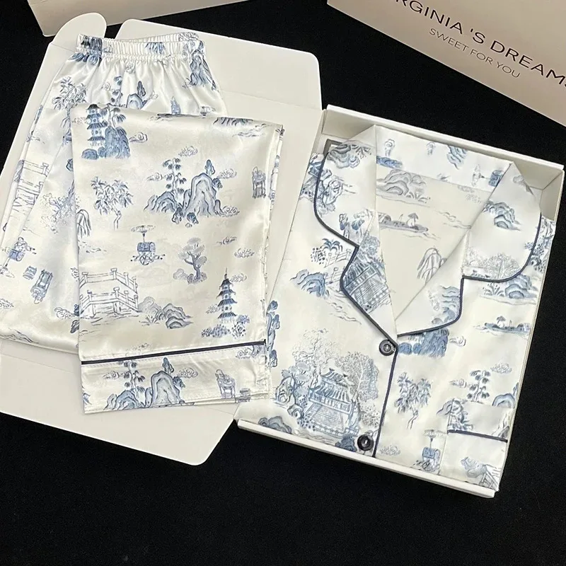 بيجامة نسائية حريرية بأكمام طويلة بيجامة بدلة زهرة مطبوعة عالية الجودة من الحرير الجليدي يمكن ارتداؤها خارج المنزل بيجامة