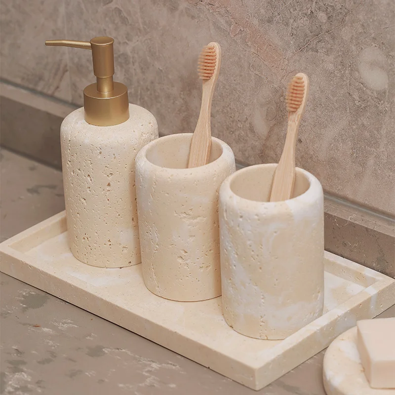 

Travertine Soap Dispenser Soap Box Mouthwash Cup Tray Drain Soap Dish Hand Sanitizer Bottle Lotion Bottle Home Bathroom Wash Set