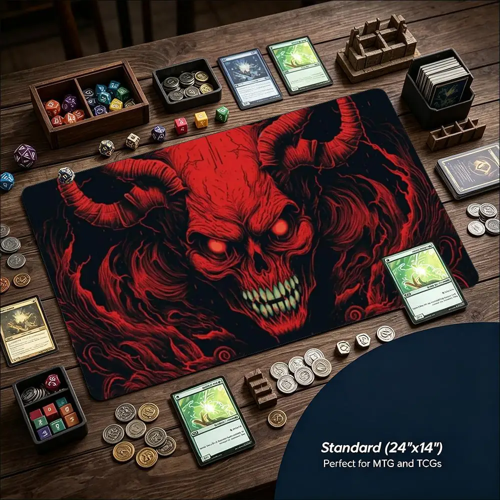 Large Game Mat Non‑Slip Rubber Table Pad Red Dark Skull Demon Sinister Gothic Horror Art For Tabletop Card And Strategy Game