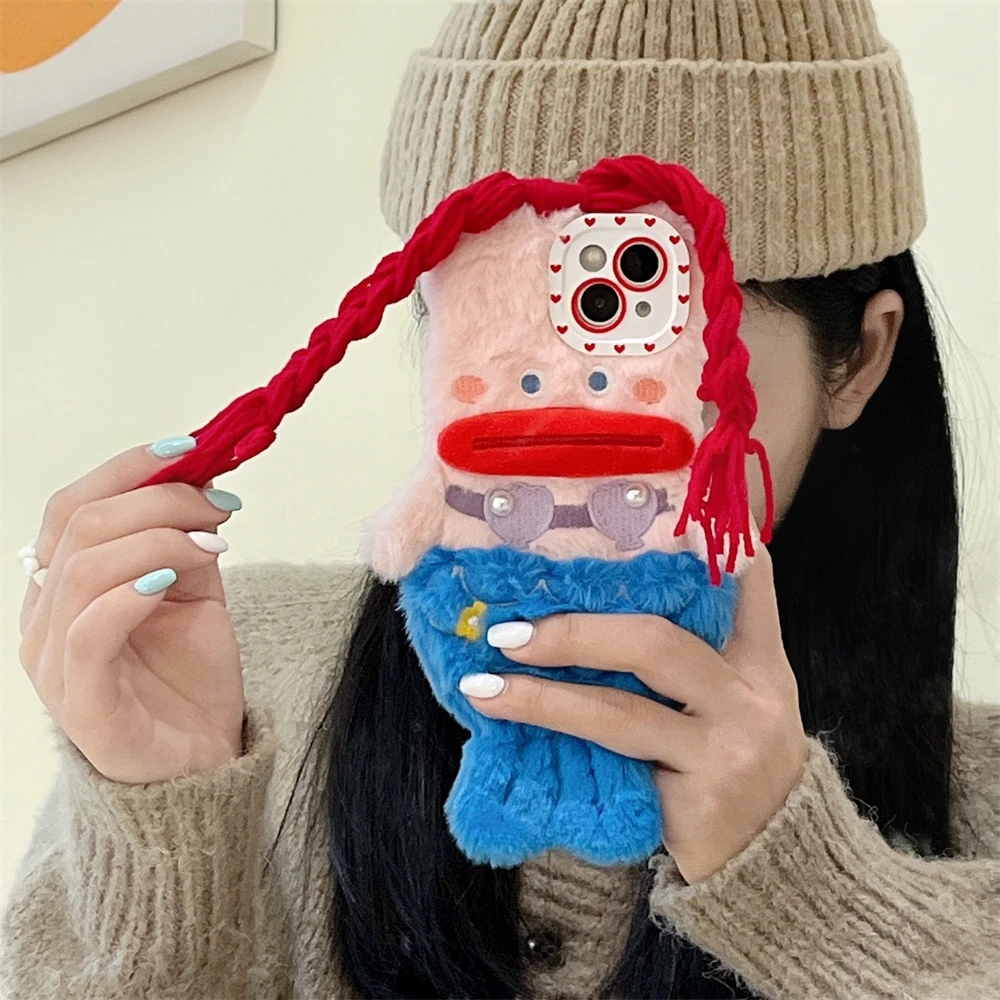 Funda de felpa de sirena trenzada de boca roja grande 3D súper bonita de Corea para iPhone 15Pro Max 11 12 13 14 X Xr cubierta de dibujos animados más cálida de manos peluda