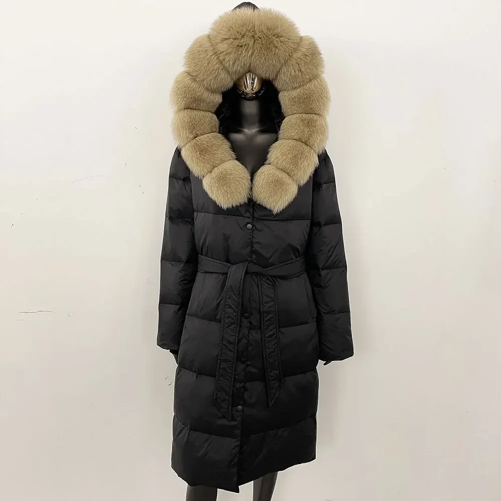 Large Natural Raccoon Fur Hooded Elegant White Duck Down Coat Women Winter Long Down Coat Parkas Female Thick Real Fur Jackets