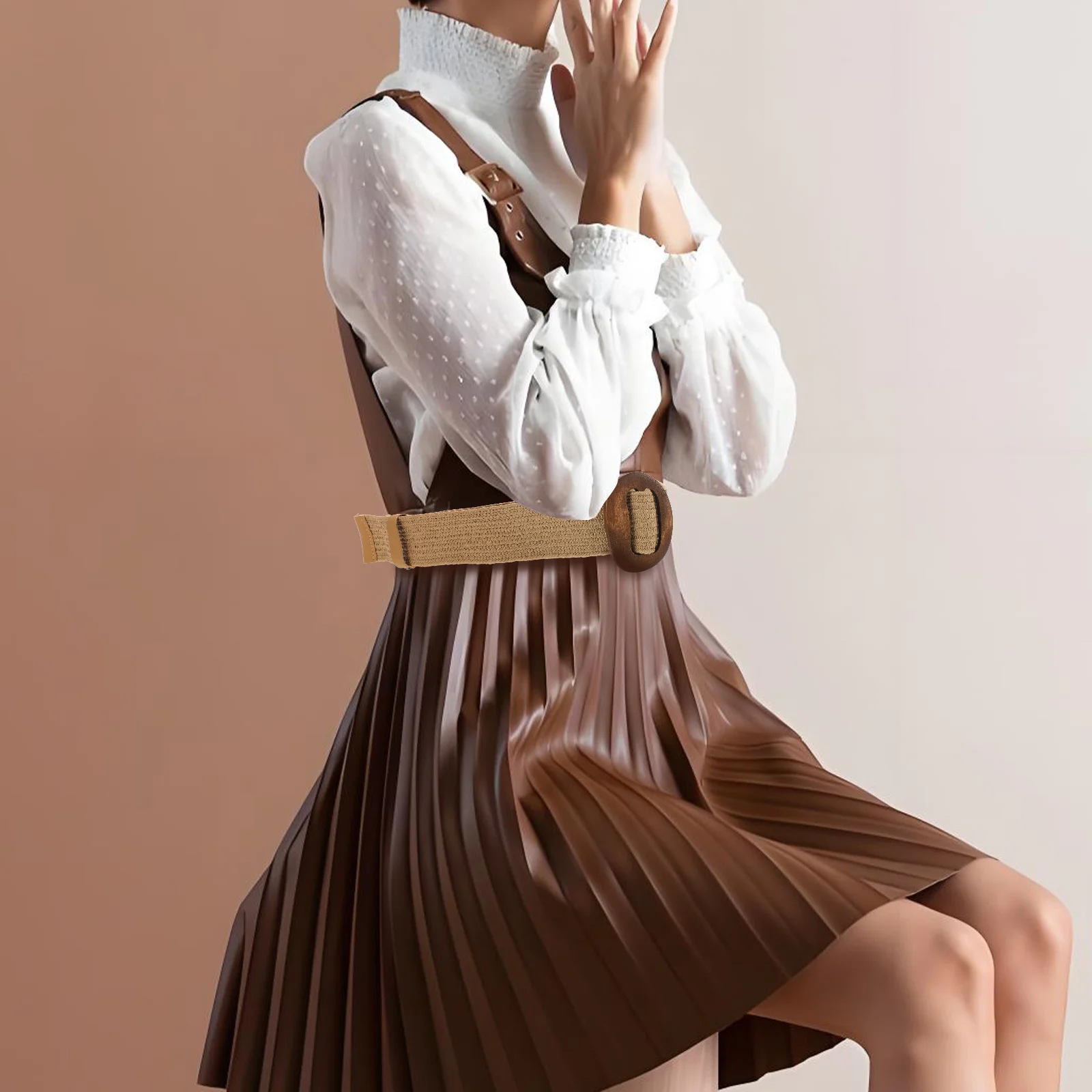 Cinturón de cintura tejido marrón para mujer, pretina trenzada, vestidos informales, faja de cintura ajustable, hebilla de madera, cinturón ancho bohemio