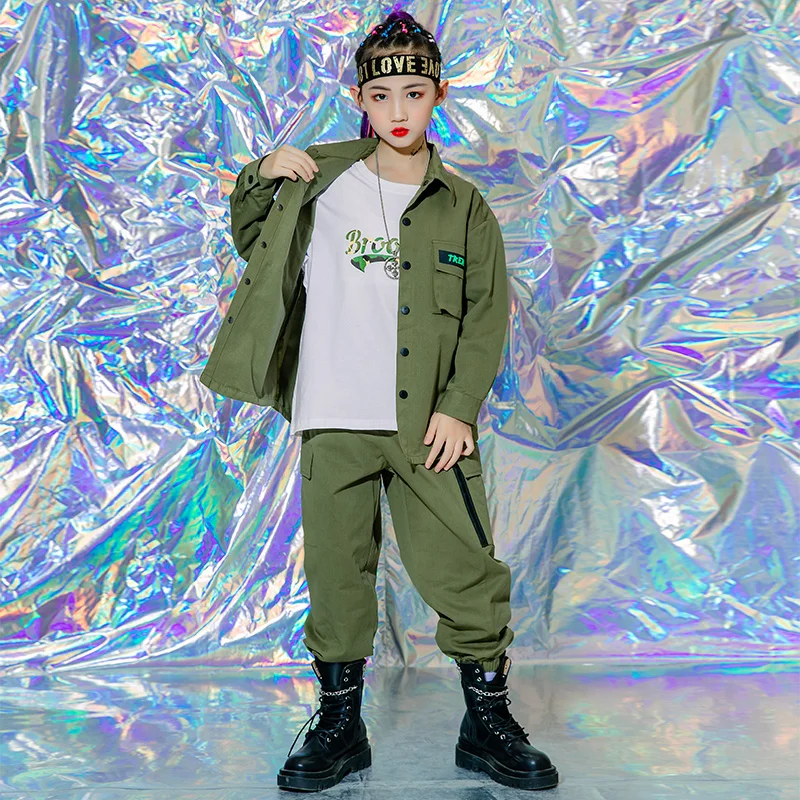 Kids Concert Hip Hop Clothing Army Green Jacket Streetwear Military Tactical Cargo Pants For Girls Jazz Dance Costume Clothes