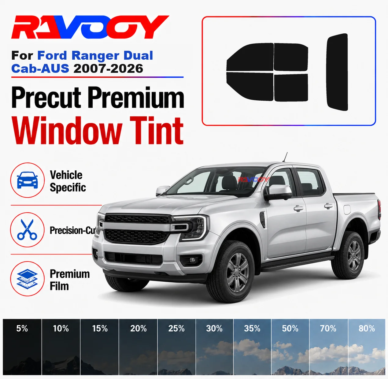 Kit de Lámina de Tinte para Ventanas Precortada Premium, Ventanas Delanteras y Traseras, Parabrisas Trasero para Ford Ranger Doble Cabina-AUS 2007-2026, Película Nano Cerámica