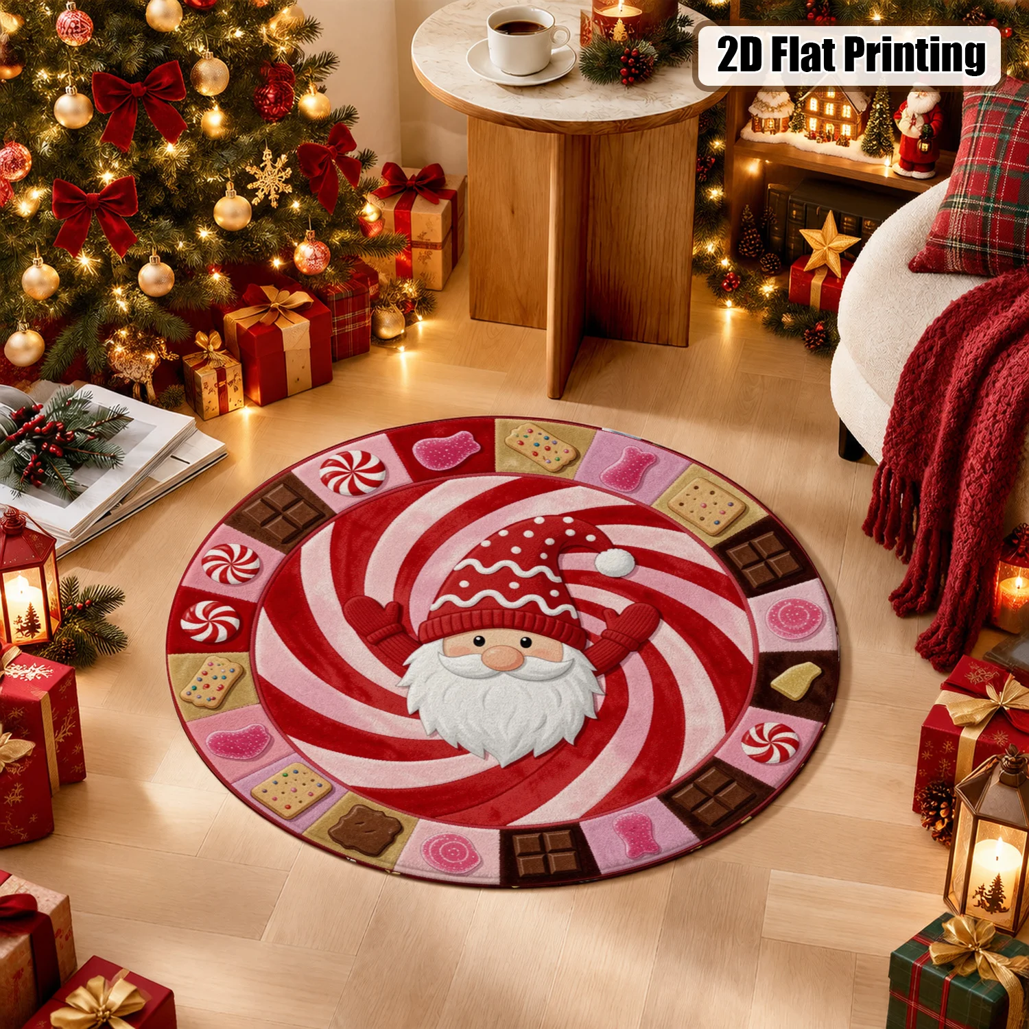 Santa Gnome Peppermint Candy Swirl Round Velvet Decorative Mat Machine Washable Dining Table Kitchen Living Room Halloween Thanksgiving Black Friday Christmas New Year