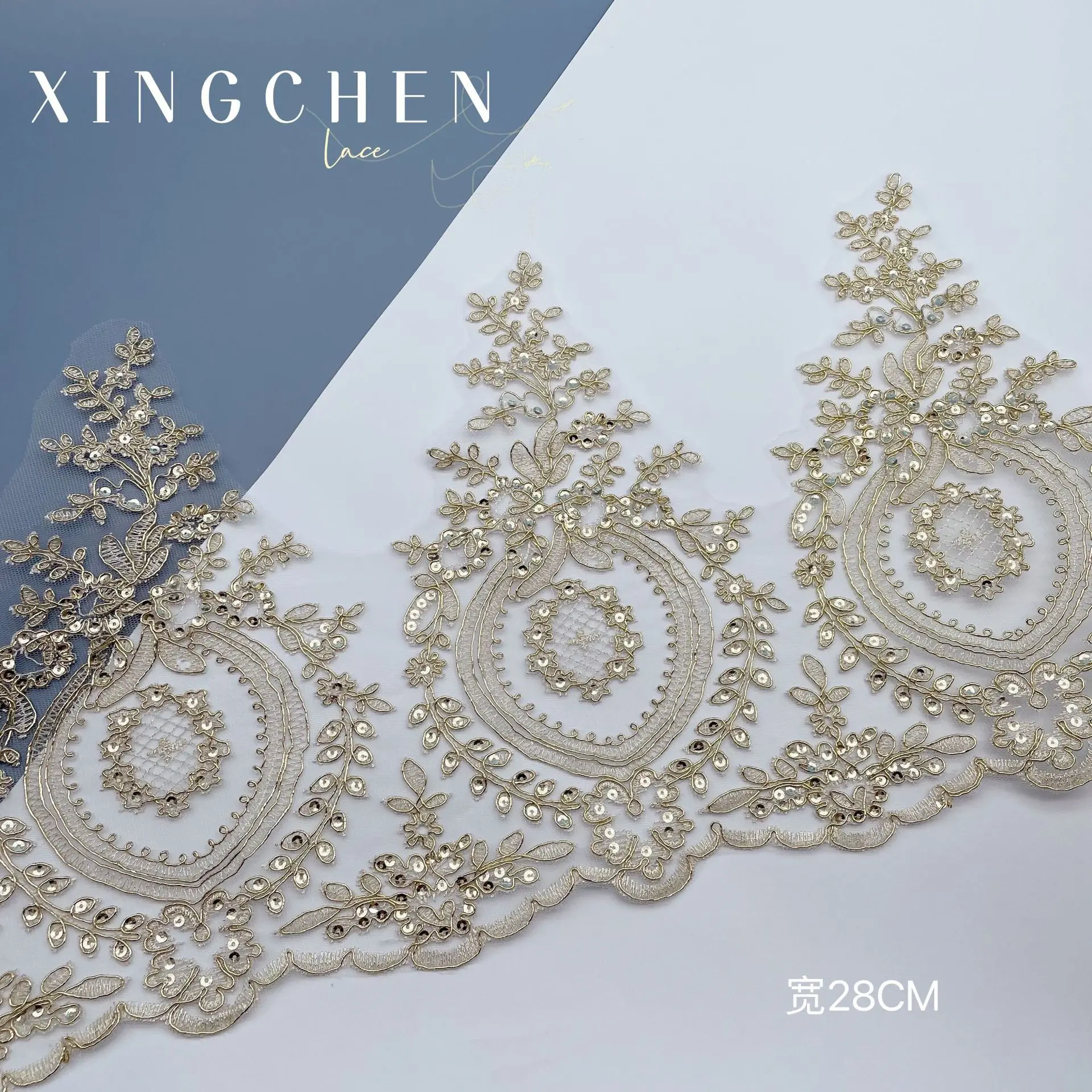 1 Yard 28cm wide Ssequins Hot Sale Light Gold Mesh Lace Trim Luxury Embroidery Light Gold Lace Fabric for Wedding Dresses