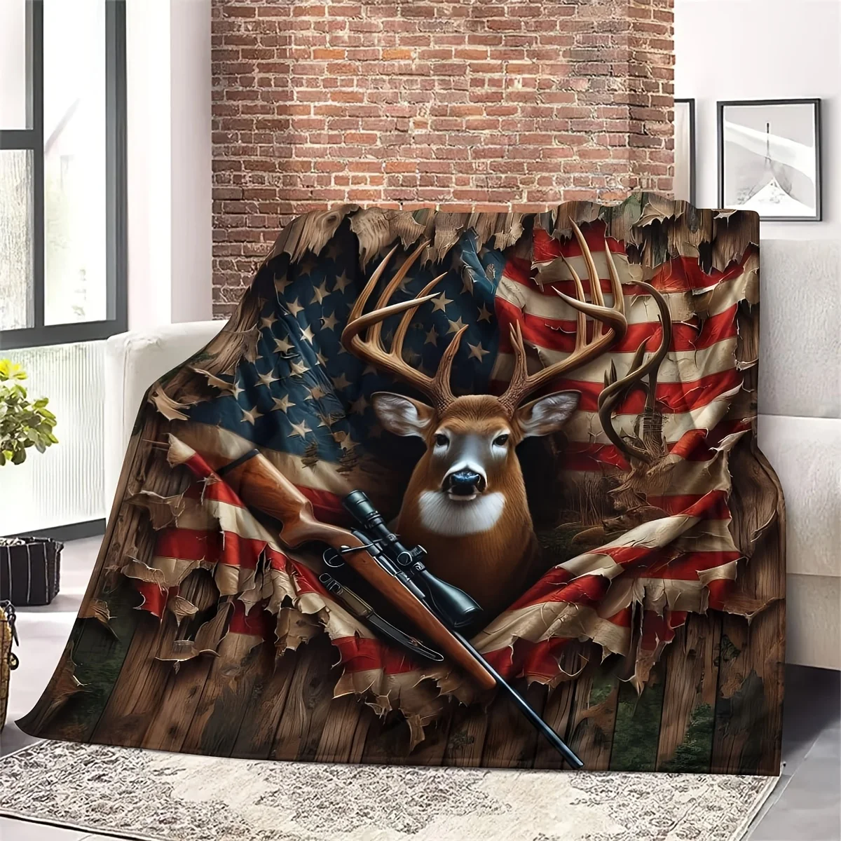 Jungle Hunting Deer Print Flannel Blanket, Soft Warm Throw for Sofa, Office Chair,, Outdoor Camping, Travel, and Car - All-Seaso
