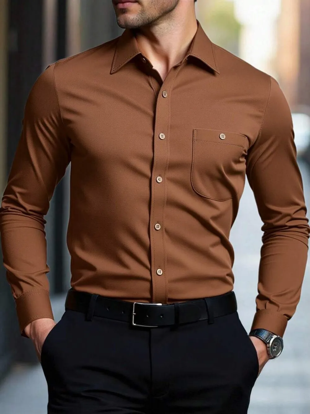 2025 Men's Casual Multifunctional Long Sleeved Wrinkle Free Solid Color Elastic Wrinkle Free Formal Shirt, Business Casual Butto