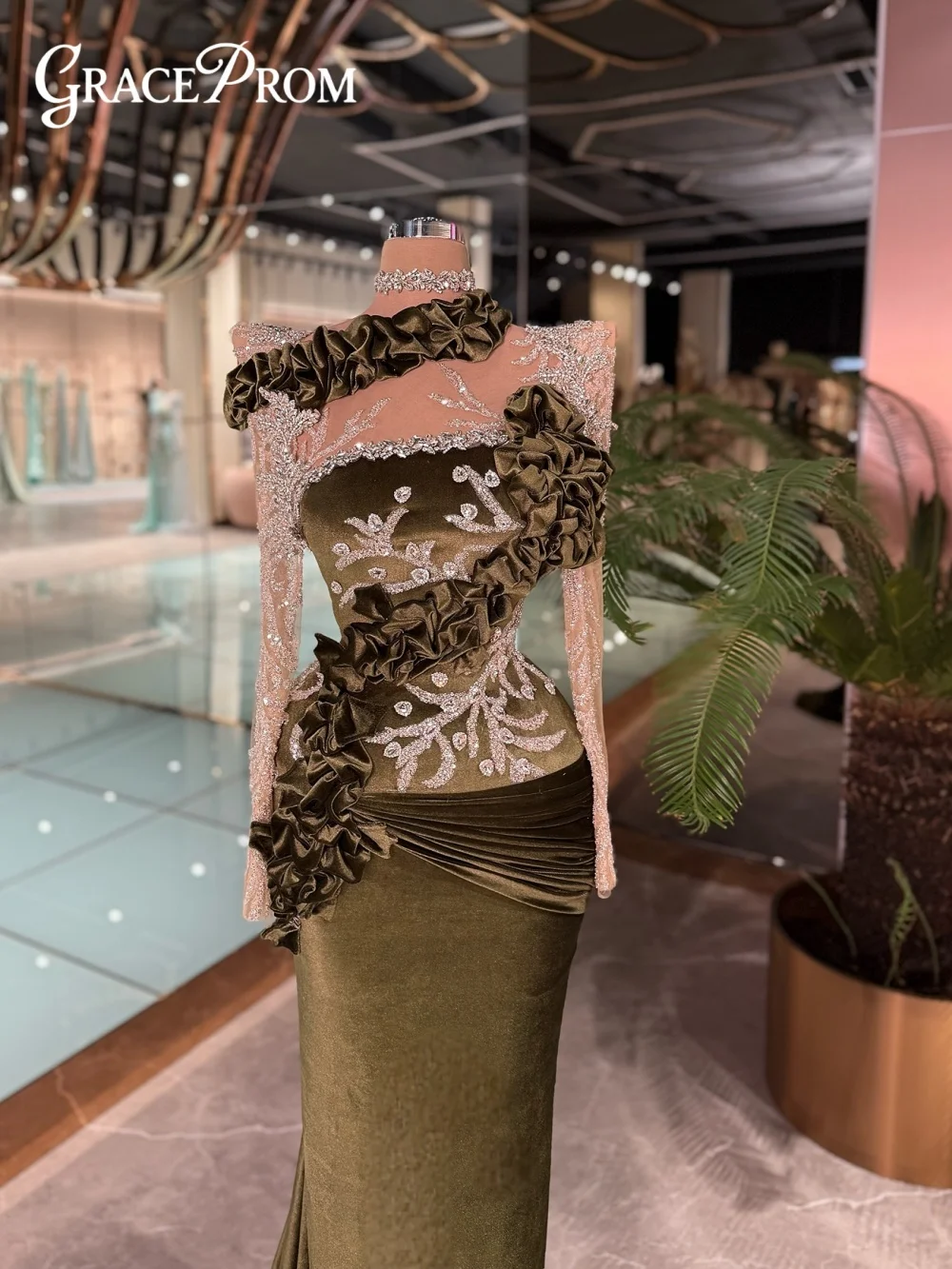 

Модное бархатное вечернее платье Изящное вечернее платье с длинными рукавами и кристаллами Роскошное вечернее платье длиной до пола с 3D-цветами