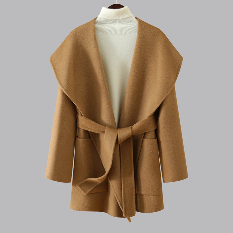 Women's cashmere coat casual solid short coat Korean version of large lapel double-sided woolen coat camel hair+wool belt pocket