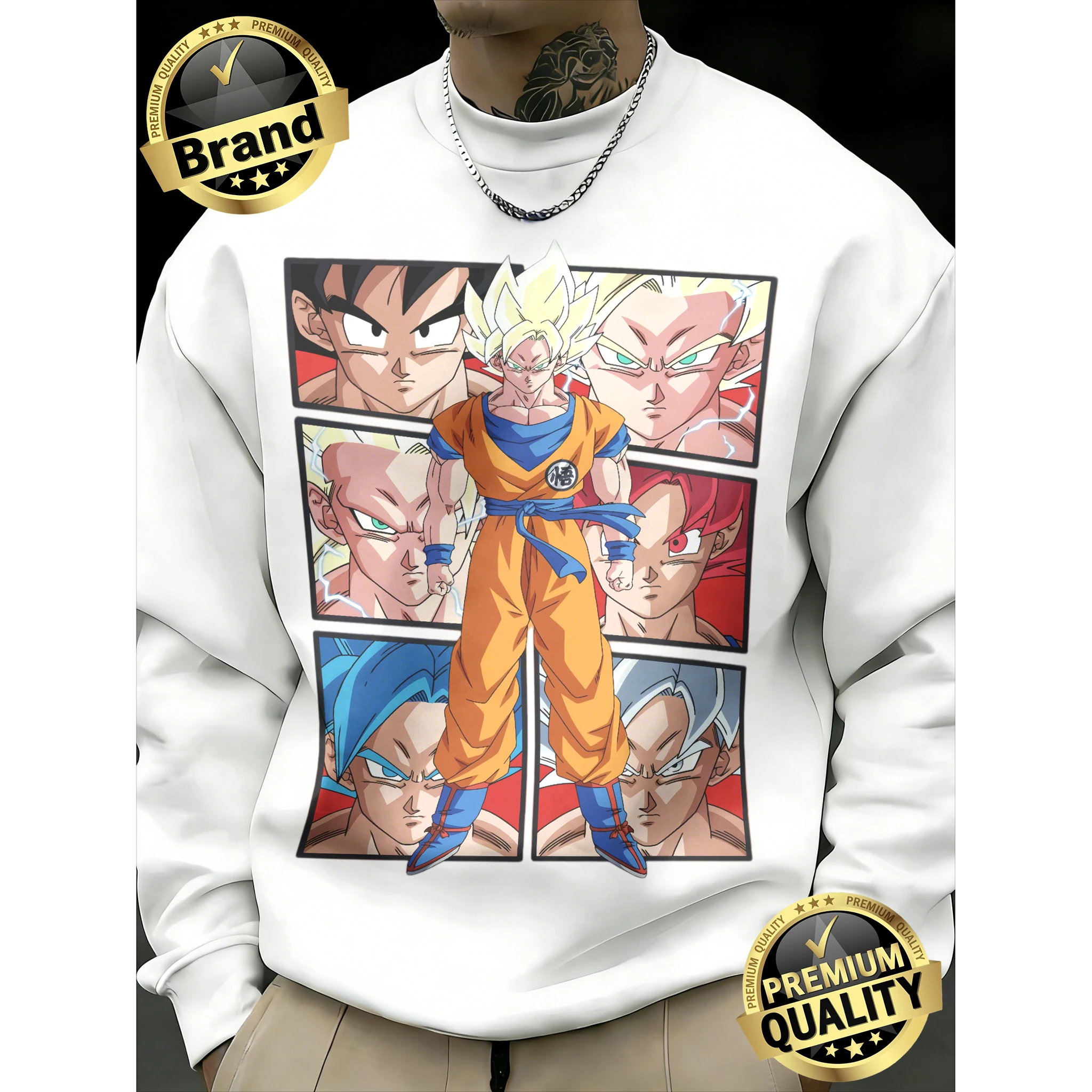 

2026 Spring Autumn Dragon Ball Super Goku All Forms Collage Print 100% Cotton Crew Neck Sweatshirt Men's Fitness Unisex Top Y2k