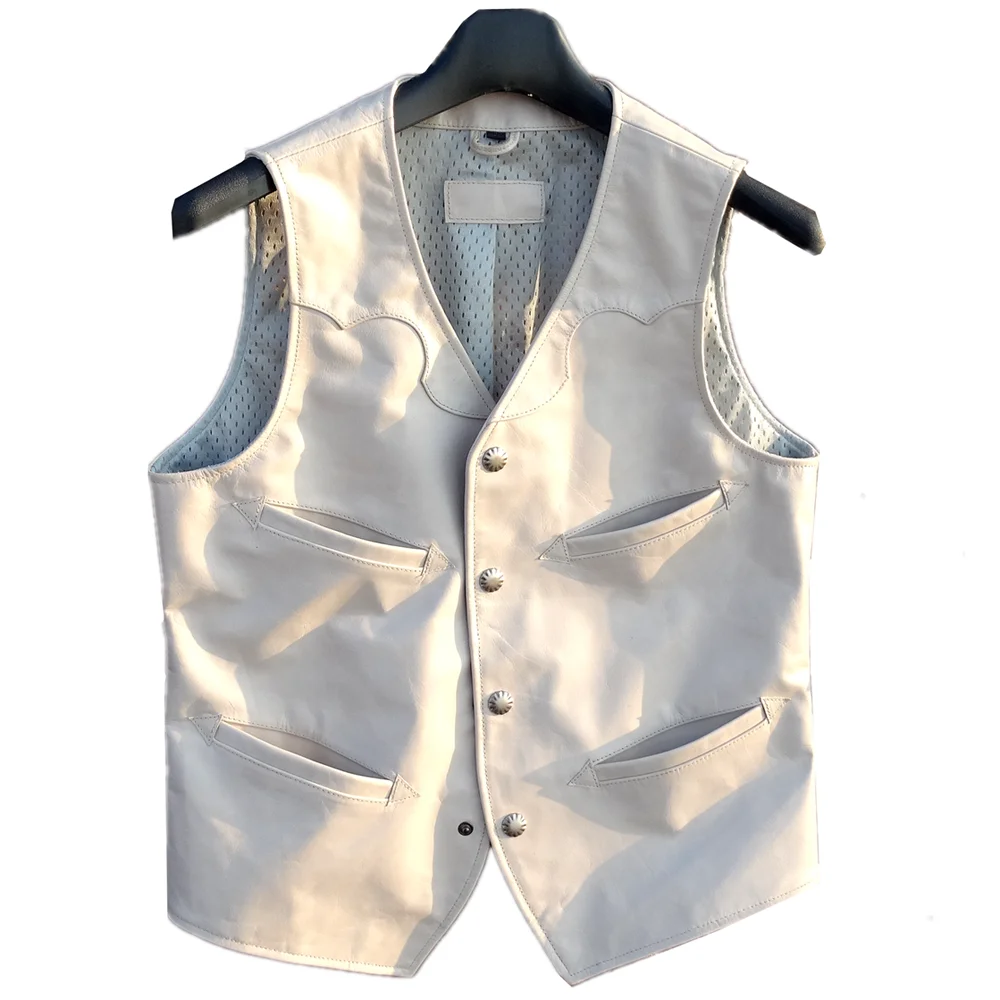 

Japanese Brand Real Calfskin Suit Vest Coat Summer Style Light Waistcoat Vests Man Simple Fashion Man Topwear Weskit Vest White