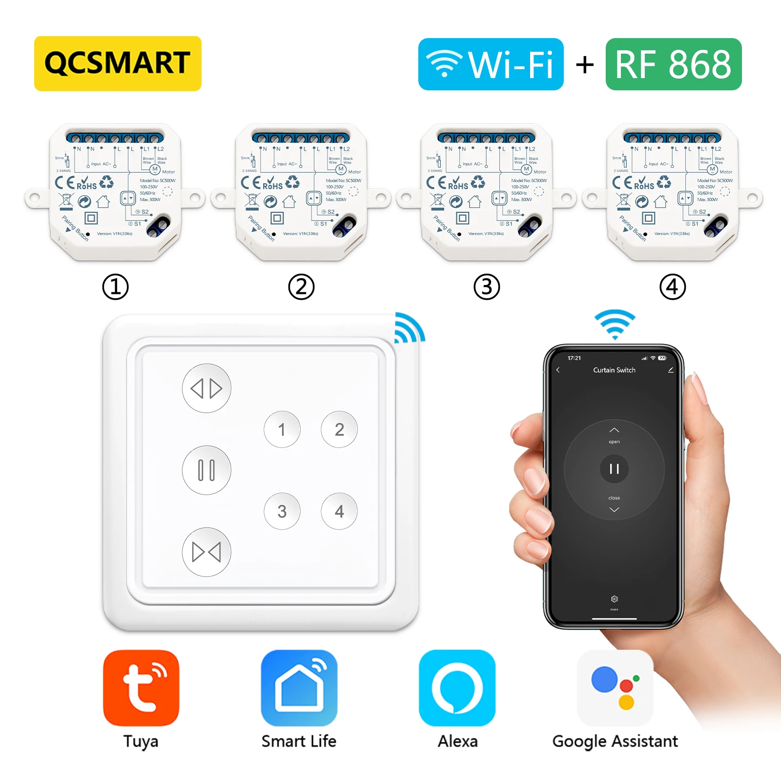 QCSMART RF & WIFI Curtain Blinds Switch Module with 4 Channel Remote  Tuya Smart Life Control Voice by Google Assistant Alexa