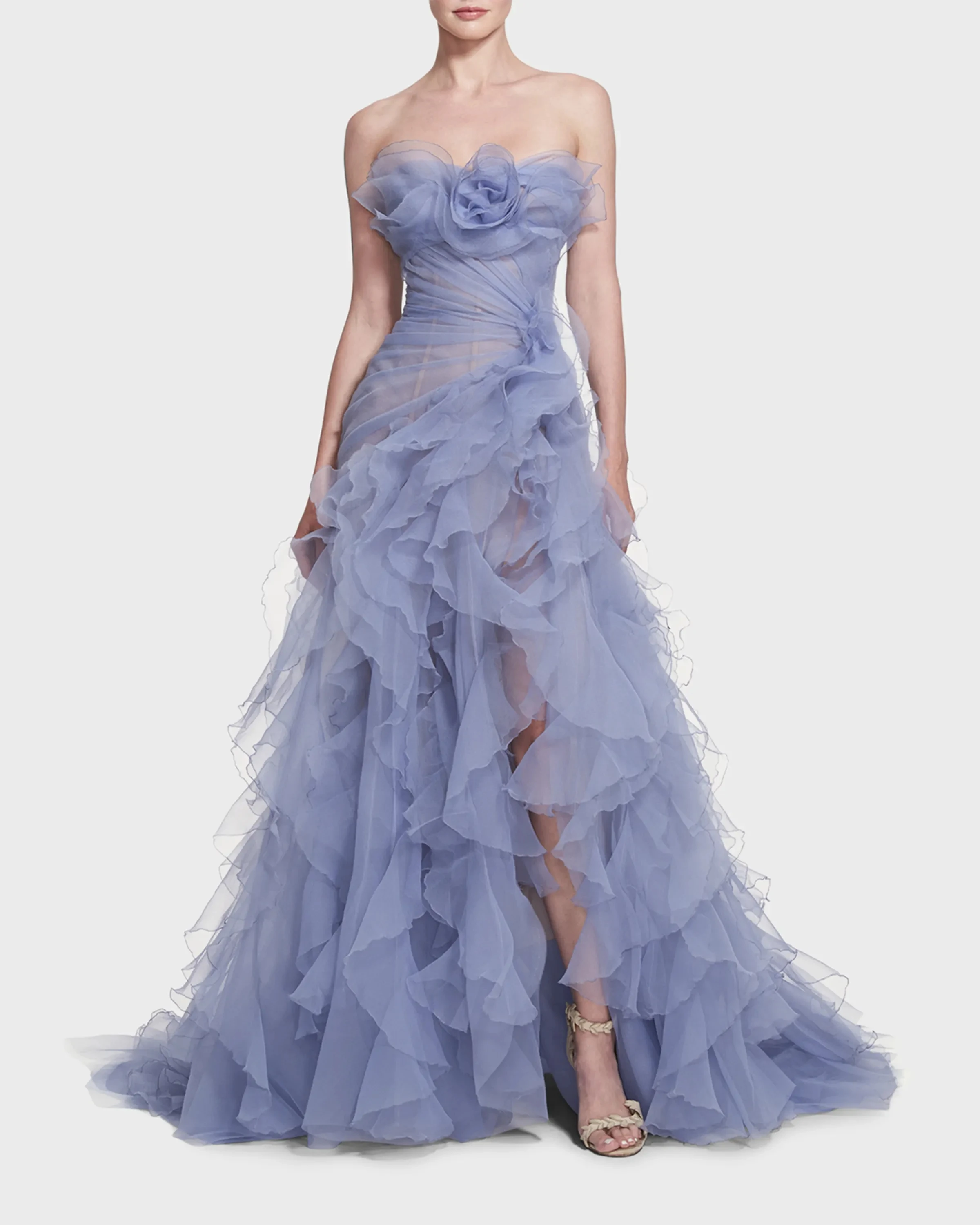 

Dreamlike Dusty Blue Ruched Tulle Split Long Gowns Tiered Floral Women Formal Party Dresses Strapless Maxi Dresses