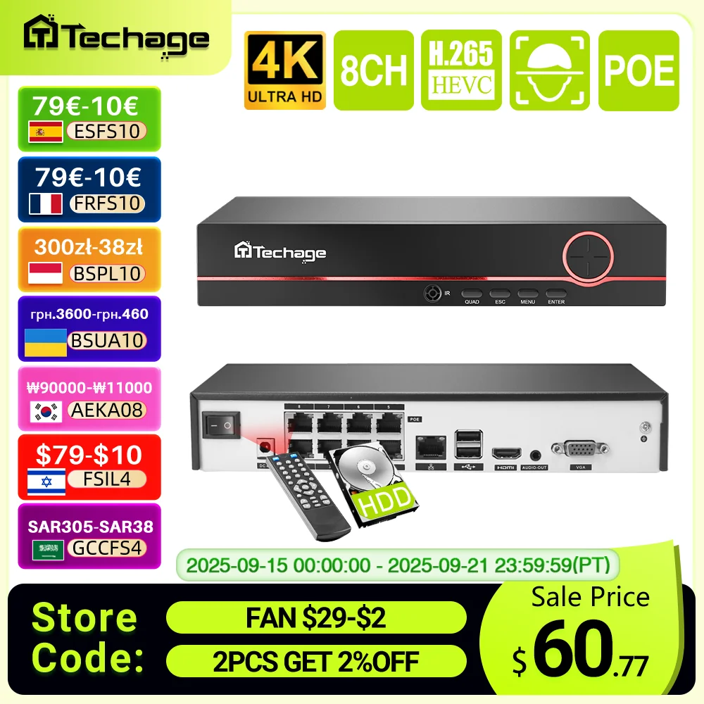

Techage H.265 8CH POE NVR 4K 8MP 5MP 4MP 1080P Power over Ethernet IP NVR Two-way Audio Face/Human Detection Onvif Protocol P2P