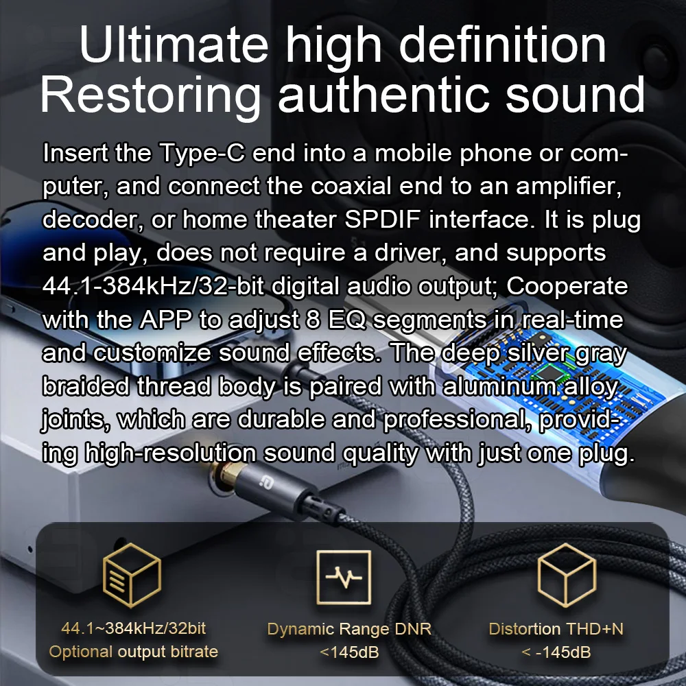 Kabel USB-C do koncentrycznego, adapter audio Type-C na cyfrowe RCA, przewód Spdif do dekodera DAC, wzmacniacza, przedwzmacniacza dźwięku 384K/32Bit — zdjęcie produktu 4