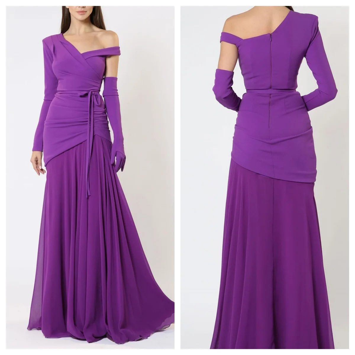 فستان سهرة مخصص برقبة على شكل حرف V مكشوف الكتفين وأكمام طويلة مستقيمة بطول الأرض فستان كوكتيل أرجواني بفتحة أمامية للحفلات الراقصة