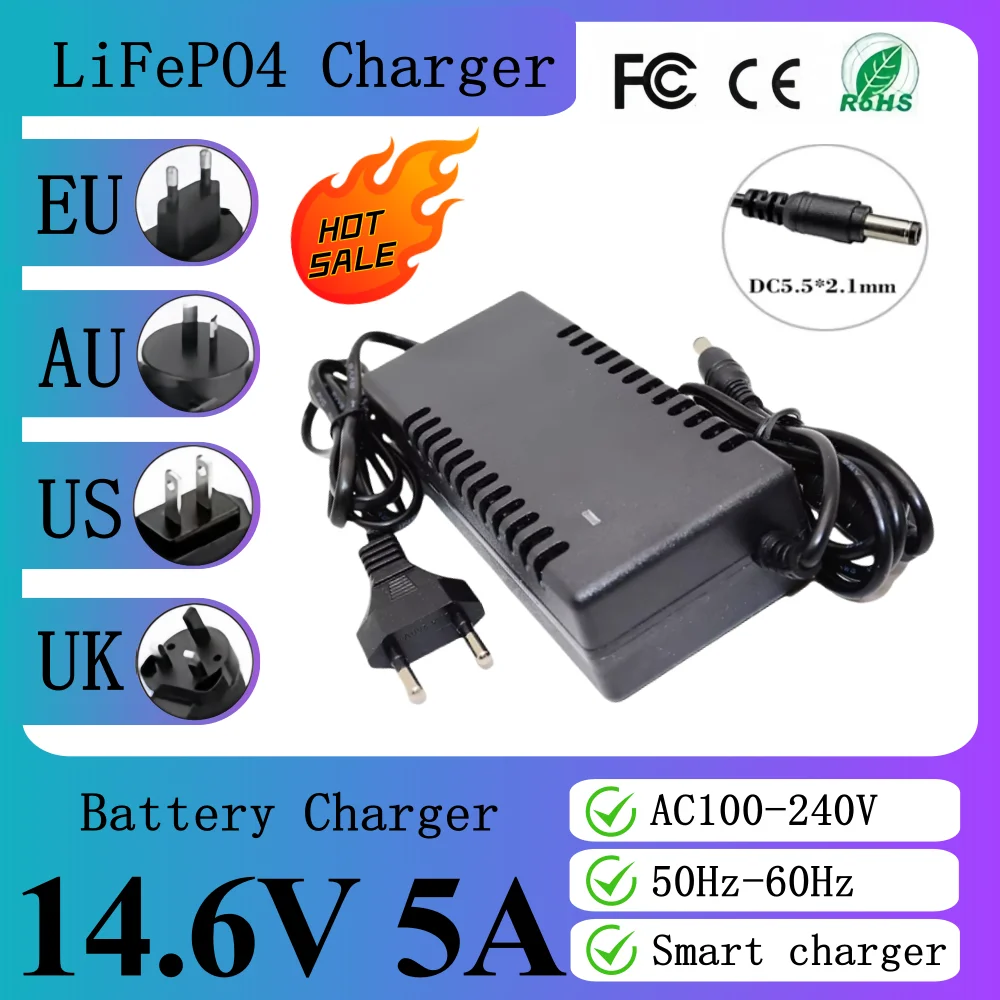 14.6V 5A LiFePO4 High Quality Battery Intelligent power-off Fast charging chargerAC100-240V DC5.5*2.1/2.5mm Plug +Crocodile clip