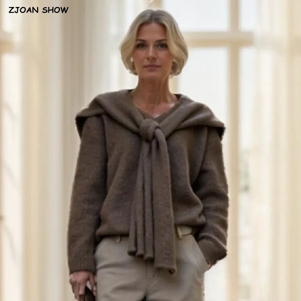 

5 colors 2025 Autumn Women V neck Knitted Sweater With Tie Bow Shawl Scarf 2 pieces 1 Set Full Sleeve Loose Pullovers Knitwear