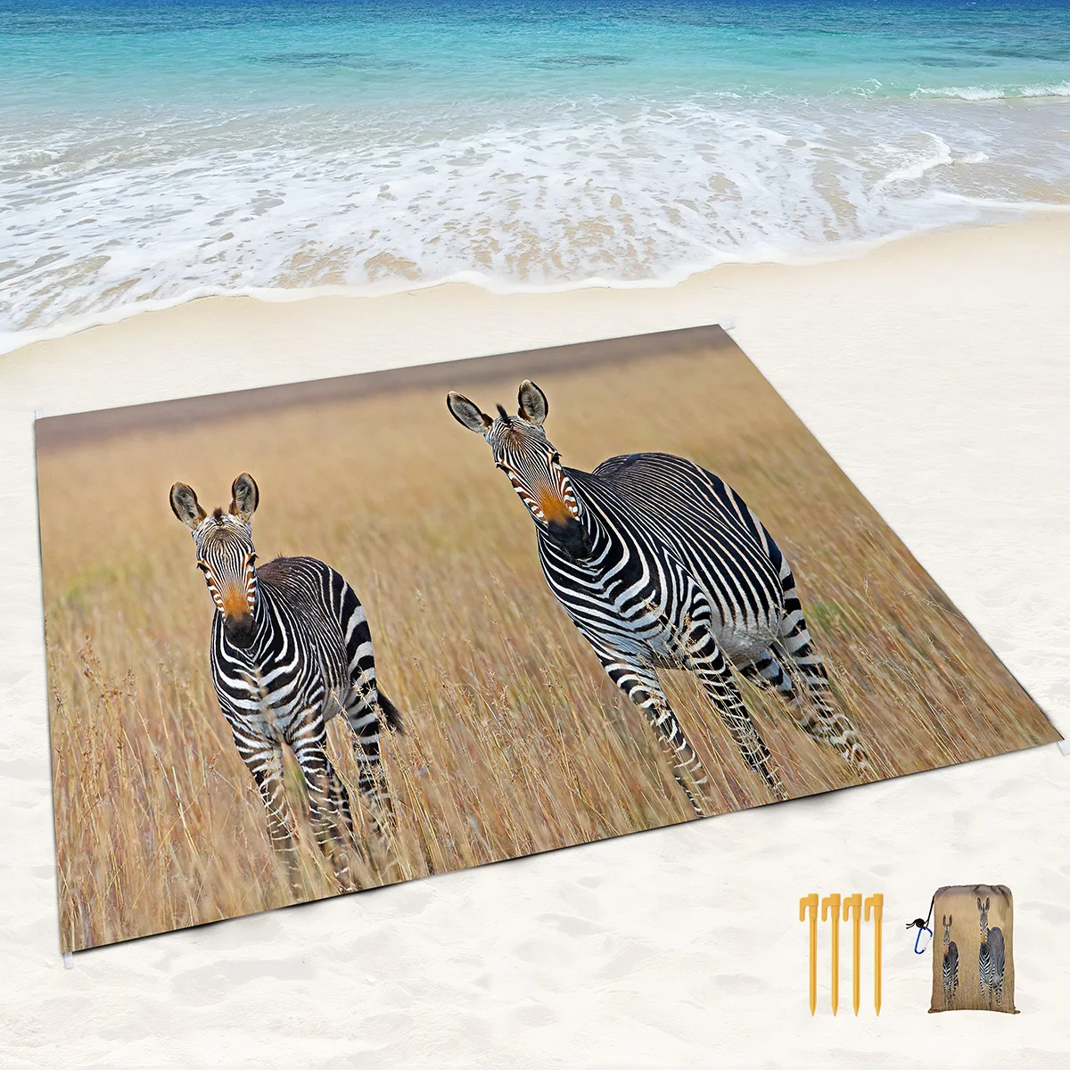 Sand Proof Water Proof Beach Blankets Zebra Print Rugs with Corner Pockets and Mesh Bag for Beach,Travel,Camping,Outdoor Hiking