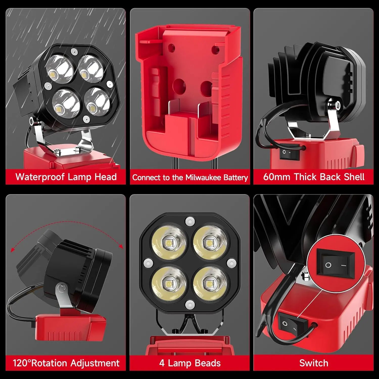 LED Work Light for Milwaukee M18 18V Battery, 40W 6000LM Flashlight, LED Flood Light, 18V Battery Cordless Work Light